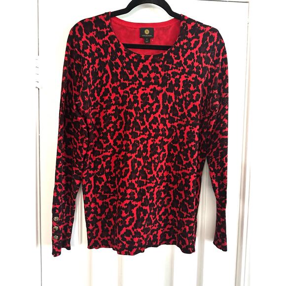 JM COLLECTION Red Leopard Gold-Tone Button Sleeve Detail Knit Sweater Top - Sz M - Picture 2 of 6